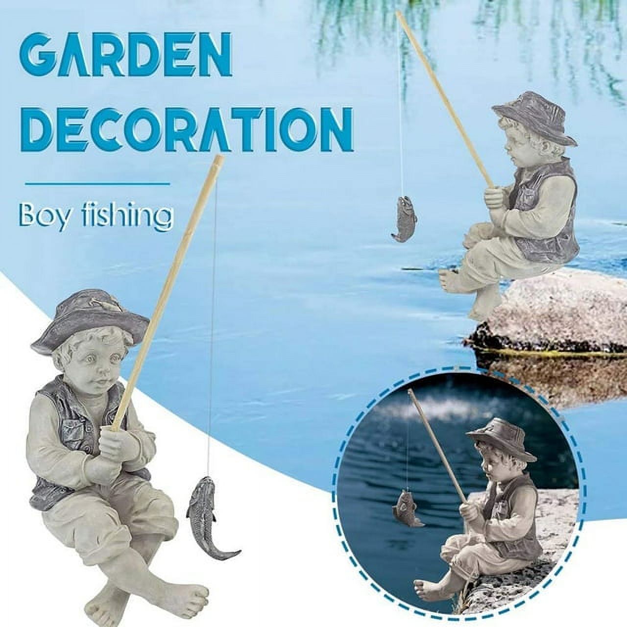 Winnereco 12” Gone Fishing Boy Garden Statue, Resin Material