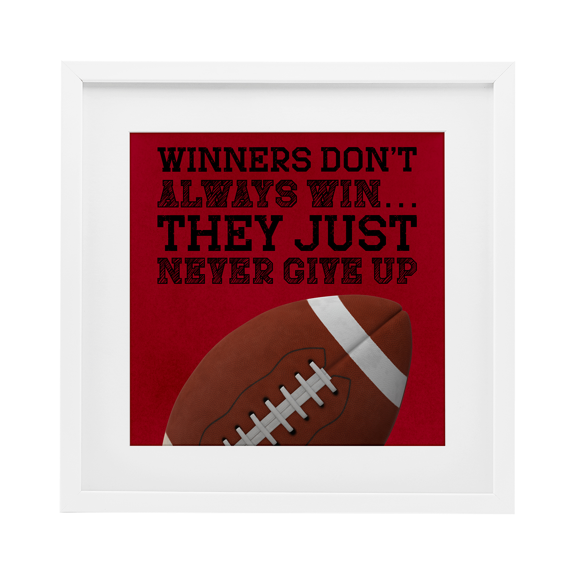Winners Never Give Up White Framed Print Under Glass, design by Marcus Prime