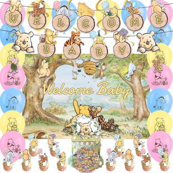 Winnie Baby Shower Decorations Party Set, 89pcs Vintage Bear Baby Shower Decorations, includes Backdrop Banner Hanging Swirl Balloon Cake Topper Stickers for Pooh Bear Party Decor