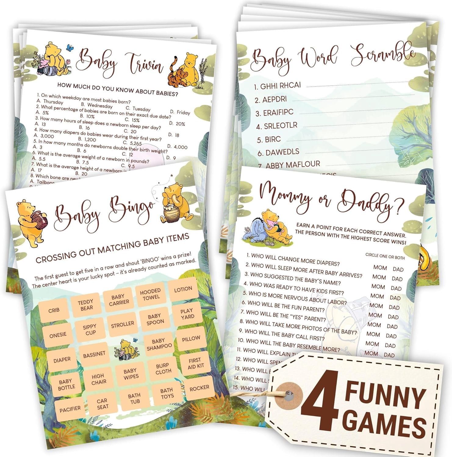 Winnie Baby Shower Games Boy - Pooh Baby Shower Bingo Cards for 25 Guests, Word Scramble Guess Who Mommy Or Daddy Game Ideas for Party Decorations