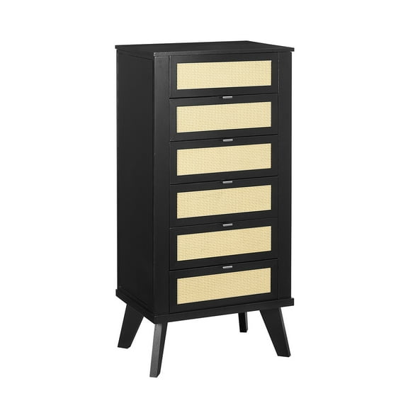 Linon Winnie Jewelry Armoire 5 Drawers/Cane Front Panels in Black Painted Wood
