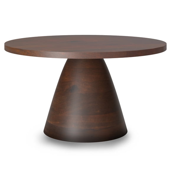 Simpli Home Winnie 30 inch Wide Modern Solid Acacia Round Pedestal Coffee Table in Walnut, Assembled