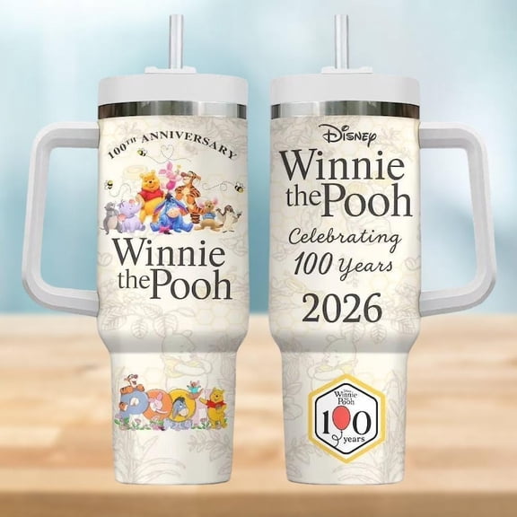 Winnie the Pooh 100 Years Anniversary 40oz Tumbler with Handle - Disney 2026 Stainless Steel Travel Mug | Classic Pooh Bear 100th Celebration Cup | Gift for Disney Fans