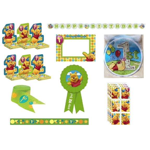 Winnie the Pooh 1st Birthday Boy or Girl Party Supplies Bundle includes 1 Photo Holder, 6ct Cupcake Holder, 1 Award Ribbon, 4 Sticker Sheets, 1 Plastic Banner