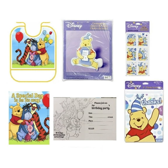 Winnie the Pooh 1st Birthday Boy Party Supplies Bundle includes 8 Party Invitations, 8 Thank You Notes, 1 Centerpiece, 1 Plastic Bib , 4 Sticker Sheets