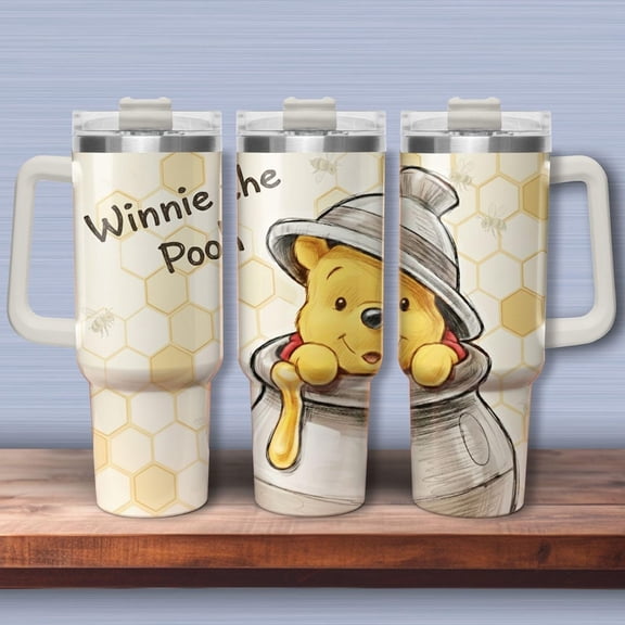 Winnie the Pooh 40oz Tumbler with Handle & Straw - Honey Pot Stainless Steel Mug | Cream & Yellow Honeycomb Pooh Bear Thermos | Cute Gift for Kids & Pooh Fans