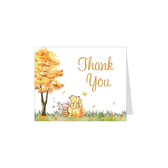Winnie the Pooh Baby Shower Thank You Cards Pooh Bear Cute Cartoon Storybook Autumn Fall Leaves Pumpkin Piglet Nostalgic Unisex Gender Neutral Printed Cards (24 Count)