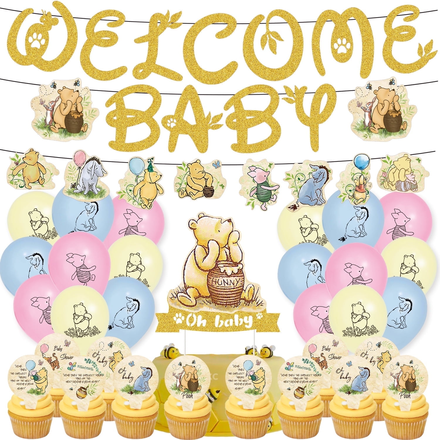 Winnie The Pooh Birthday Decorations, 52 Pcs Welcome Baby Winnie Birthday Party Supplies Included Glitter Powder Banner, Cake Topper, Cupcake Toppers, Balloons for Baby Shower Decorations