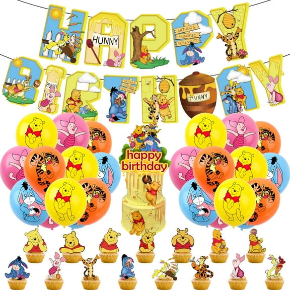 Winnie the Pooh Birthday Decorations,Gender Reveal Party Supplies Include Happy Birthday Banner, Cake Topper and Cupcake Toppers, Balloons for Kids Party Decor