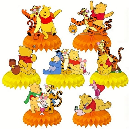 Winnie Pooh Birthday Honeycomb Centerpiece Party Decorations – Colorful Table Décor for Kids and Adults, Baby Shower, Wedding, Holiday Celebration, 7-Piece Set