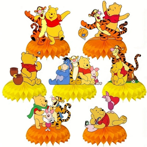 Winnie Pooh Birthday Honeycomb Centerpiece Party Decorations – Colorful Table Décor for Kids and Adults, Baby Shower, Wedding, Holiday Celebration, 7-Piece Set