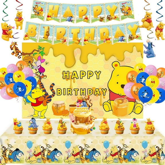 Winnie the Pooh Birthday Party Supplies, Winnie the Pooh Party Decoration Set - Winnie the Pooh Birthday Decoration Banner Background and Tablecloth, Balloon Cake Toppers and Other Party Supplies
