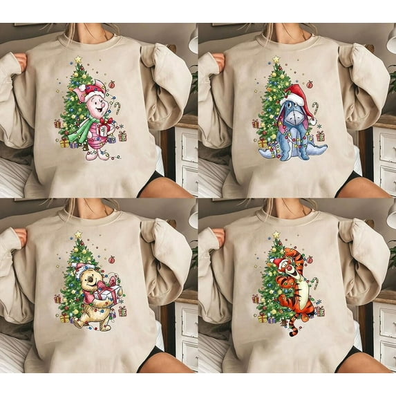Winnie the Pooh Characters Christmas Sweatshirt, Disney Christmas Party T-Shirt, The Pooh Eeyore Tigger Piglet Christmas Sweatshirt, The Xmas Tee,Tigger - Sand Color,Size M
