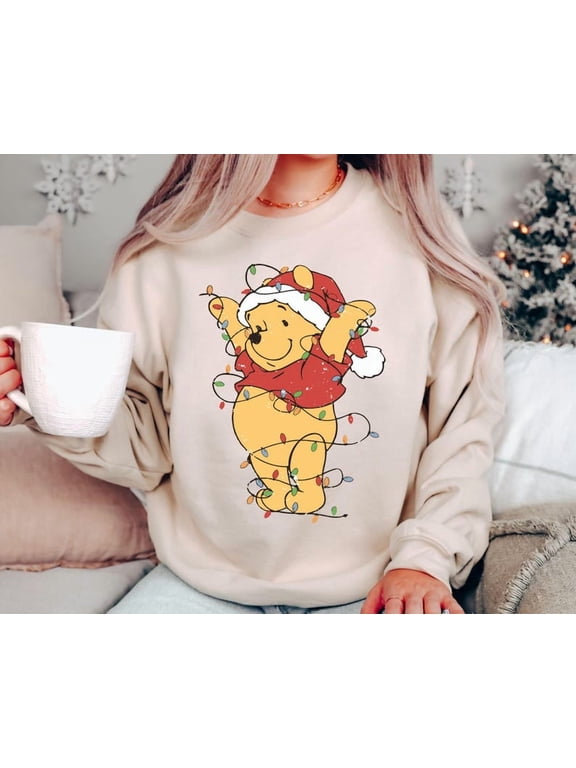 Winnie The Pooh Christmas Lights Sweatshirt, Pooh Christmas Sweatshirt, Holiday Sweater, Winter Crewneck Shirt, Christmas Gift For Women,Sand Color,Size XL