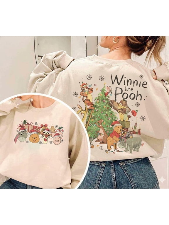 Winnie the Pooh Christmas Tree Sweatshirts, Disneyland Holiday Lights Tee, The Most Wonderful Time Disney Xmas Tee, Disney Cozy Winter Shirt,Sand Color,Size L