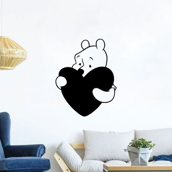 Winnie The Pooh Cute Teddy Bear Cartoon Character Heart Winnie The Pooh Vinyl Wall Art Decal Sticker Winnie The Pooh And Heart Kids Room Boys Girls Home Wall Living Room Decor Size (10x6 inch)