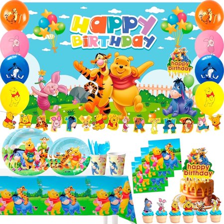 Winnie Pooh Decorations,112pcsWinnie Pooh Party Decorations & Winnie Pooh Tableware set-Winnie Pooh Birthday Plates Napkins & Winnie Pooh Balloons Banner Cake Topper etc