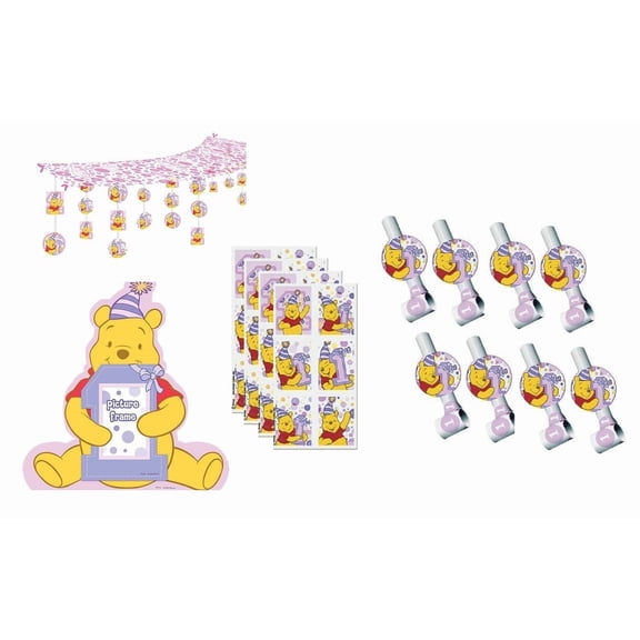 Winnie the Pooh Girl 1st Birthday Party Supplies Bundle includes 1 Photo Holder Centerpiece, 1 Ceiling Hanging Decoration, 8 Party Blowouts, 24 Stickers