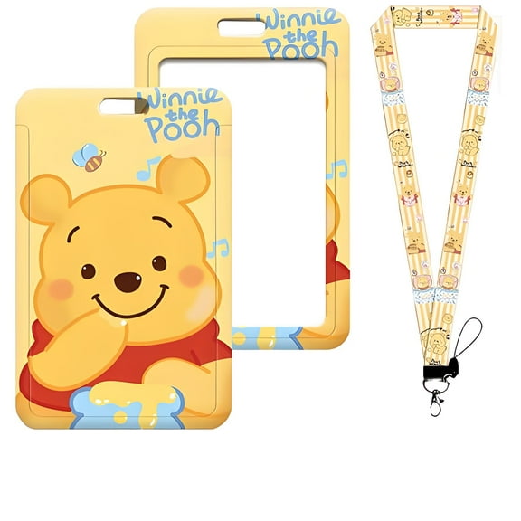 Winnie Pooh Id Badge Holder Lanyard, Badge Holder with Detachable Name Card Tag Vertical ID Protector Badge Reel for Office Employees