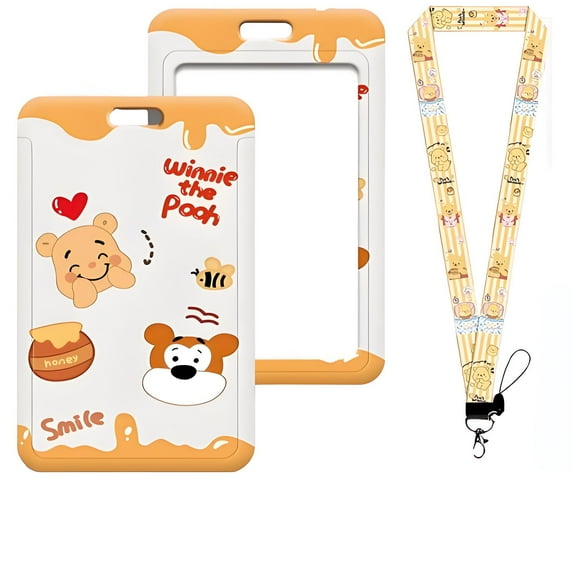 Winnie Pooh Id Badge Holder Lanyard, Badge Holder with Detachable Name Card Tag Vertical ID Protector Badge Reel for Office Employees