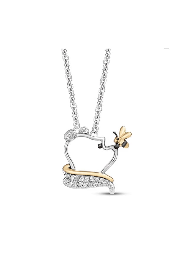 Winnie the Pooh Necklace in 925 Sterling Silver 14K Two Tone Gold Vermeil Teddy Necklace, Dainty Bear Necklace,Pooh Bear Pendant With 18" Chain pooh and Honey Bee Diamond Charm Pendant chain