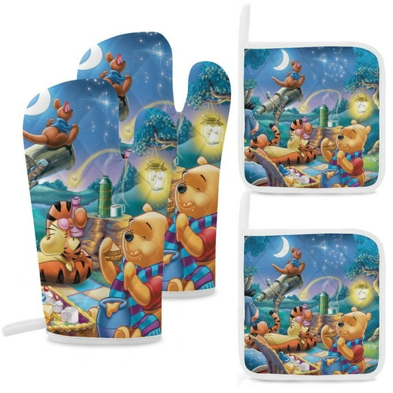Winnie The Pooh Oven Mitts And Pot Holders Set 4 Pcs, Heat Resistant Oven Mitt Set with Potholders, Hot Pads And Oven Mitts Sets Oven Glove for Kitchen, Baking, Cooking, Grilling