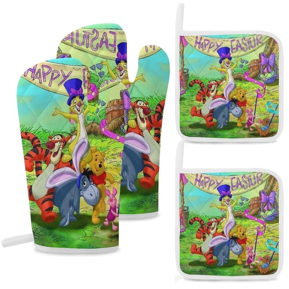 Winnie The Pooh Oven Mitts And Pot Holders Set 4 Pcs, Heat Resistant Oven Mitt Set with Potholders, Hot Pads And Oven Mitts Sets Oven Glove for Kitchen, Baking, Cooking, Grilling