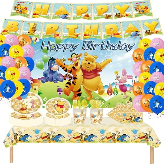 Winnie the Pooh Theme Party Decorations Tableware Set , 125PCS Birthday Plates and Cups Napkins Tablecloth Birthday Decorations Tableware