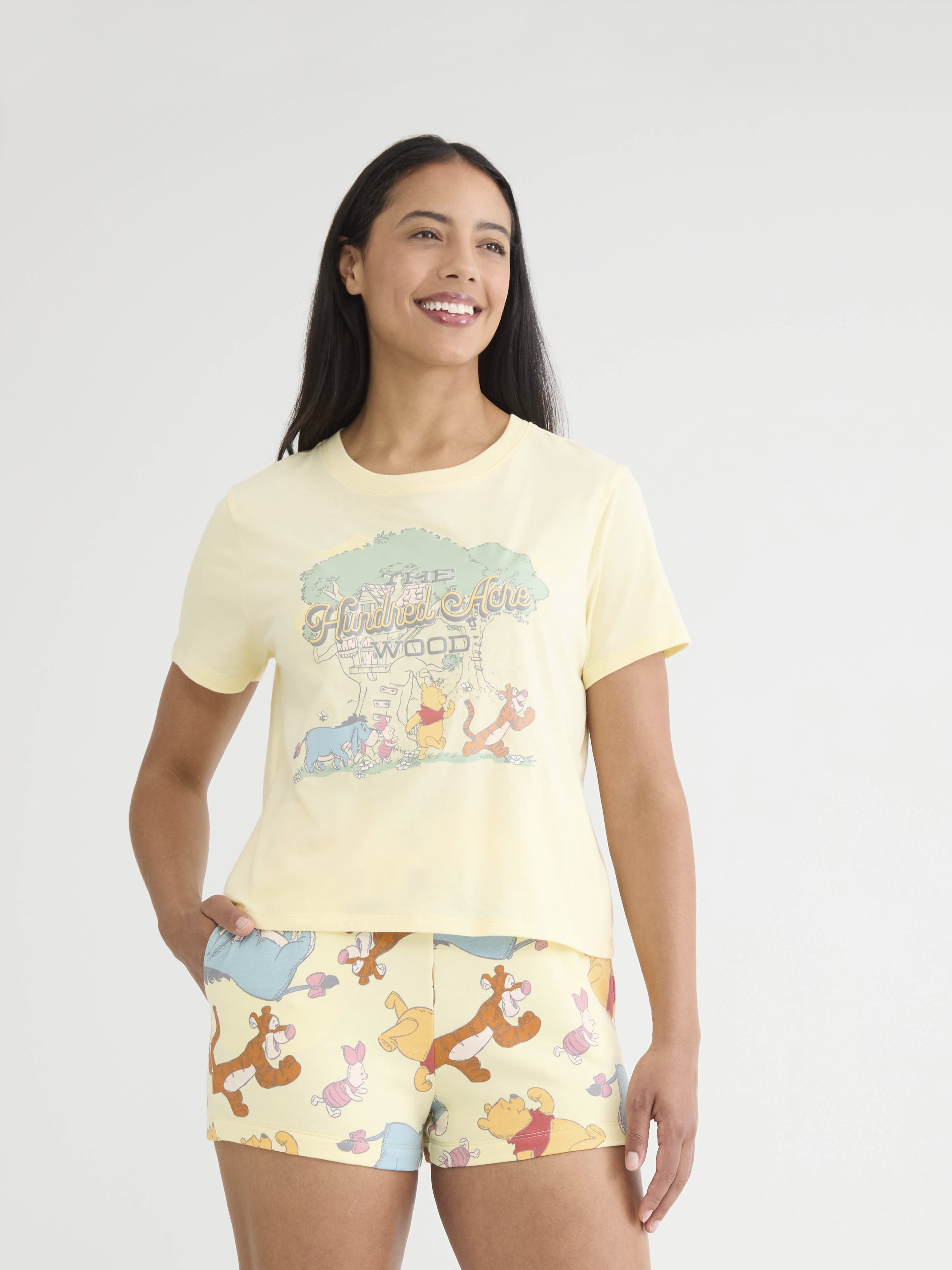 Winnie Pooh and Friends Women's Graphic Tee and Shorts Set, 2-Piece, Sizes XXS-XXL