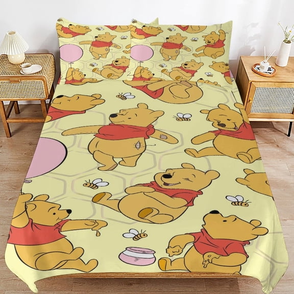 Winnie The Pooh 3 Piece Bedding Sets for Boys Girls Teens, Cartoon Soft Kids Duvet Cover with 2 Pillowcases, All Season Comforter Covers Bedroom Decor Gift, 90"x90"