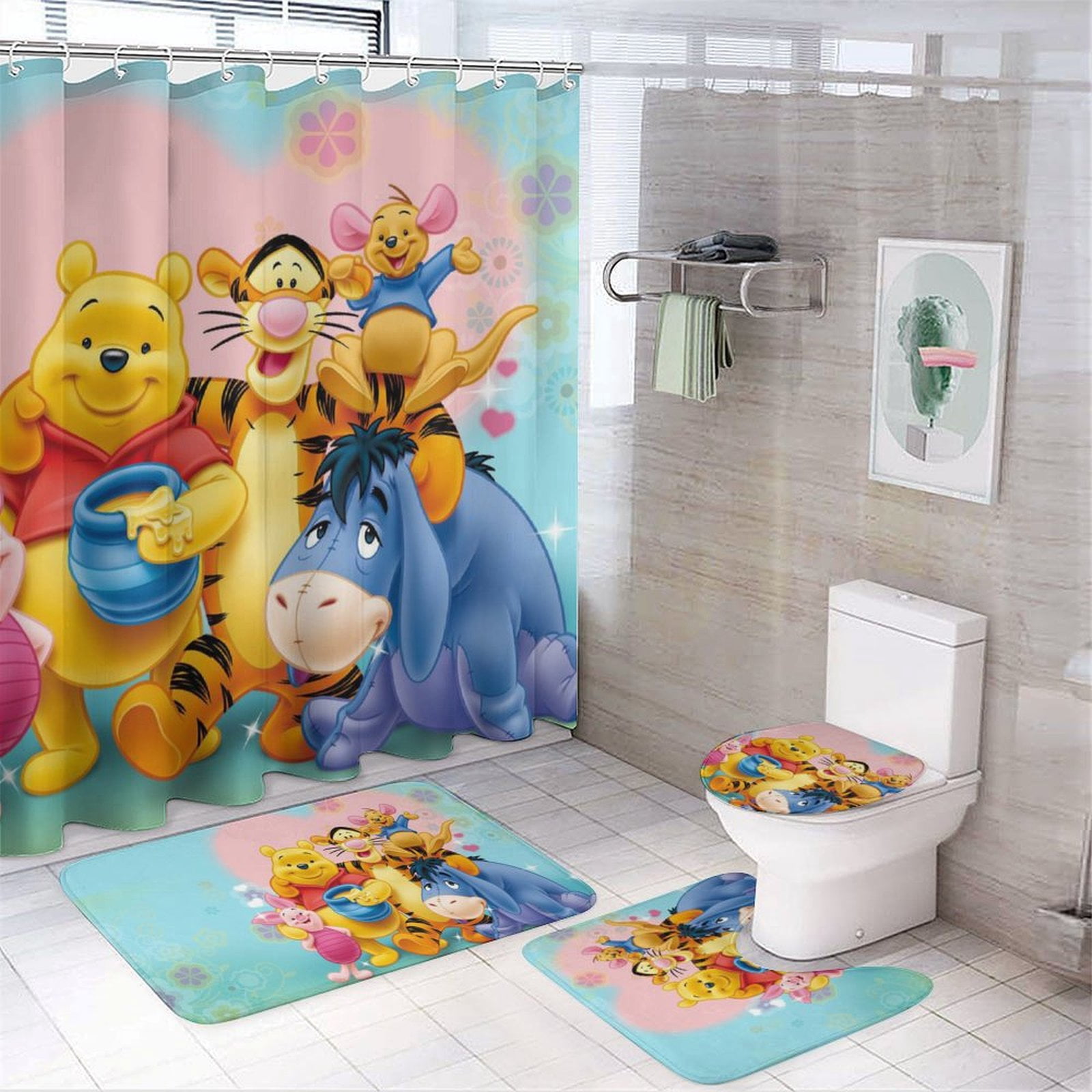 Winnie The Pooh 4-Piece Shower Curtain Set with 12 Hooks with Non-Slip ...