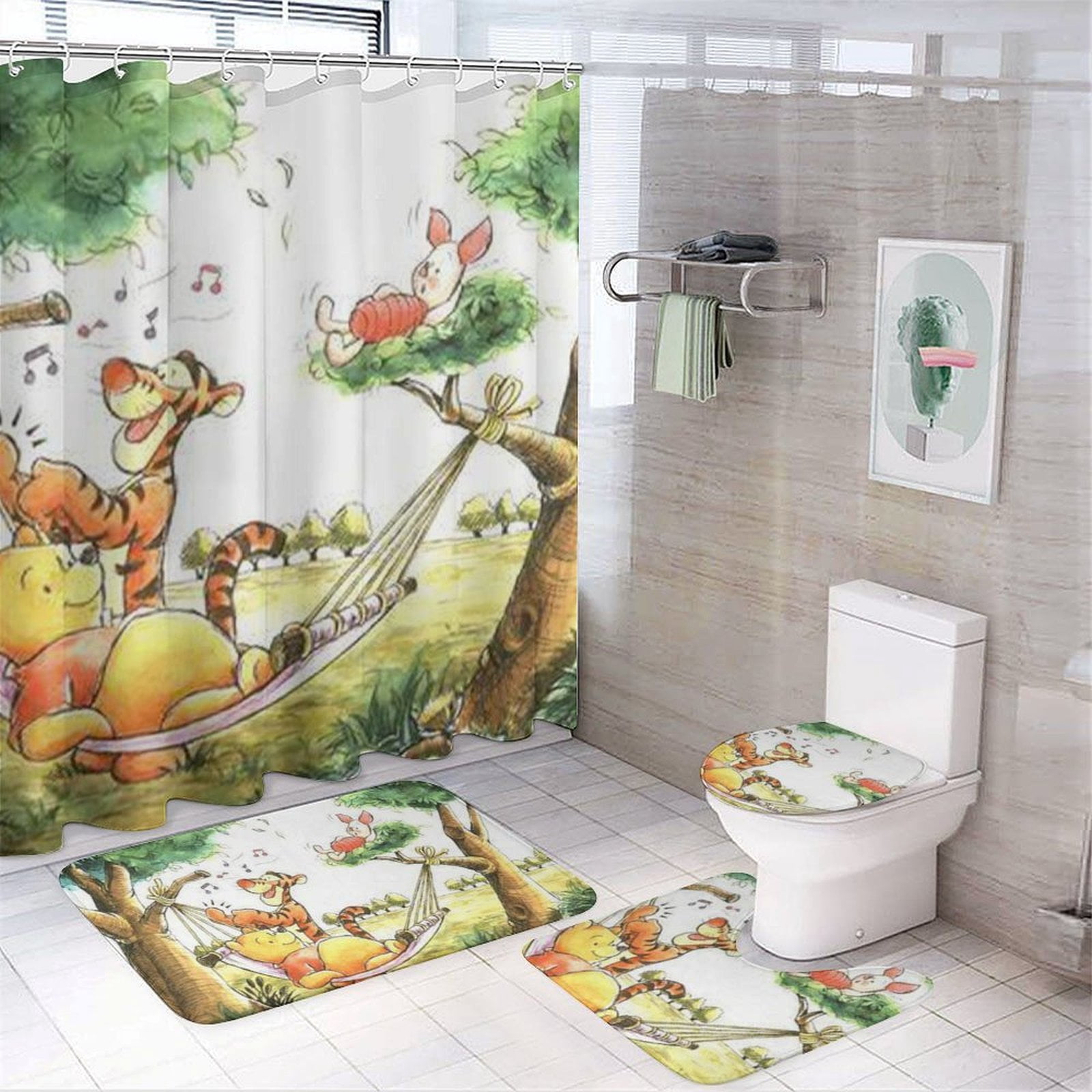 Scooby Scoob Bathroom 4-Piece Set – Shower Curtain, Toilet Cover, Bath Mat & Hooks, Waterproof