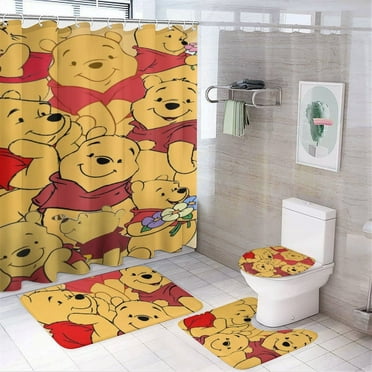 Winnie The Pooh 4PCS Shower Curtain Set with Non Slip Rugs, Toilet Lid Cover and Bath Mat, Washable Waterproof Shower Curtains Bathroom Decor Accessories Sets with 12 Hooks, 72x72 in