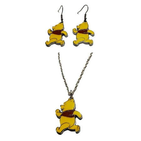 Winnie The Pooh Cartoon Character Figure Metal Pendant Necklace And Earrings Set