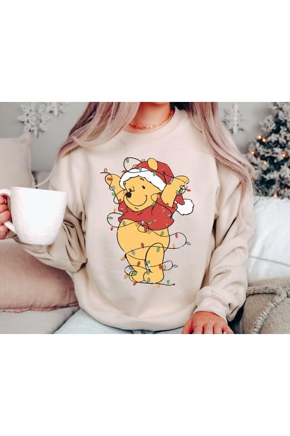 Winnie The Pooh Christmas Lights Sweatshirt, Pooh Christmas Sweatshirt, Holiday Sweater, Winter Crewneck Shirt, Christmas Gift For Women