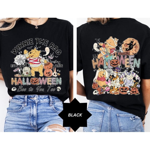 Winnie The Pooh Halloween Shirt, Pooh and Friends Halloween Trip T-Shirt, Mickey Not So Scary Pooh Bear Trick Or Treat Party Gift,Black Color,Size XL