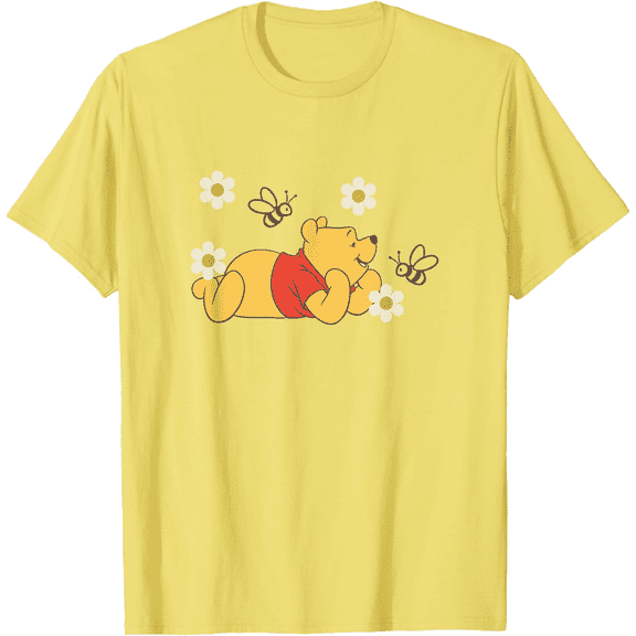 Winnie The Pooh In Nature With Bees Floral Portrait Unisex Softstyle T-Shirt for Men Women Kids,Cornsilk Color,Size L