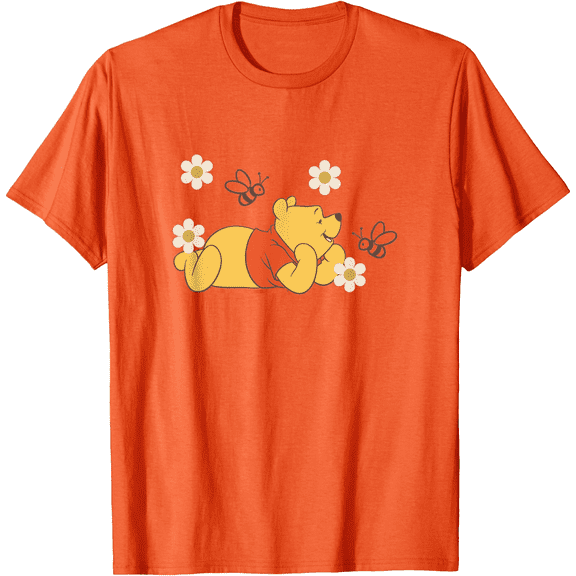 Winnie The Pooh In Nature With Bees Floral Portrait Unisex Softstyle T-Shirt for Men Women Kids,Orange Color,Size 4T