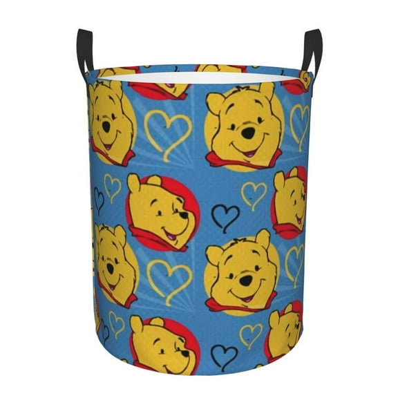 Winnie The Pooh Laundry Hamper Cartoon Circular Foldable Basket With Handle, Clothes Books Toys Storage Organizer Bucket for Bedroom Bathroom