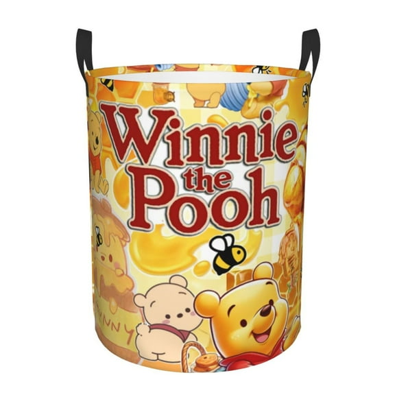 Winnie The Pooh Laundry Hamper Cartoon Circular Foldable Basket With Handle, Clothes Books Toys Storage Organizer Bucket for Bedroom Bathroom
