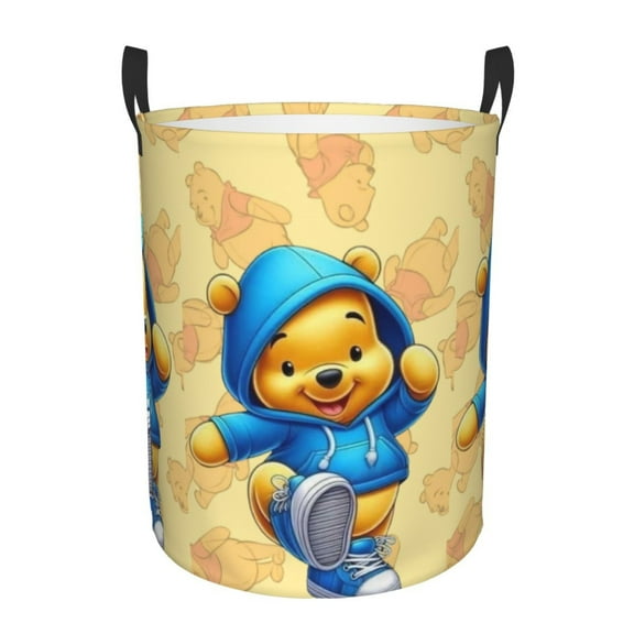 Winnie The Pooh Laundry Hamper Cartoon Circular Foldable Basket With Handle, Clothes Books Toys Storage Organizer Bucket for Bedroom Bathroom