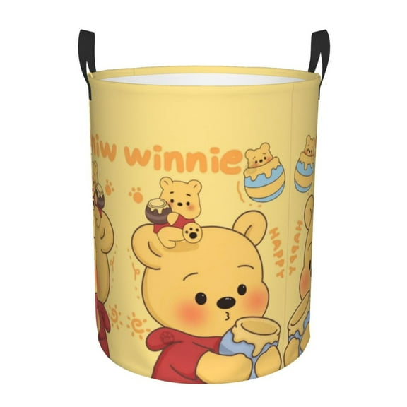 Winnie The Pooh Laundry Hamper Cartoon Circular Foldable Basket With Handle, Clothes Books Toys Storage Organizer Bucket for Bedroom Bathroom