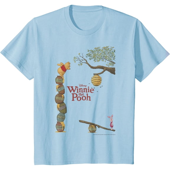 Winnie The Pooh & Piglet Honey Pot Stack Youth T-Shirt for Boy Girl Kids Toddler, Light Blue Color, Size 4T