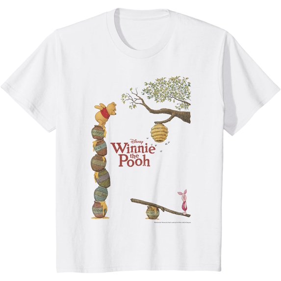 Winnie The Pooh & Piglet Honey Pot Stack Youth T-Shirt for Boy Girl Kids Toddler, White Color, Size 2T
