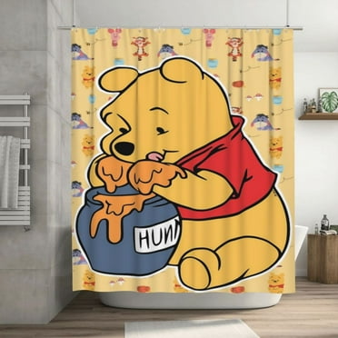 Winnie The Pooh Shower Curtain Waterproof Polyester Washable Bathroom Curtain Decorative Bath Curtain with 12 Hooks 72 x 72 Inch, Plastic