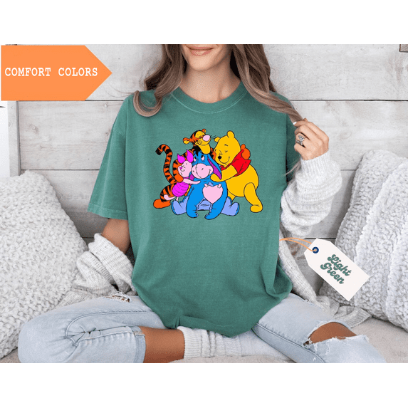 Winnie The Pooh Tigger Piglet Eeyore Hugging Comfort Colors T-Shirt Family Matching Tee,Light Green Color,Size S