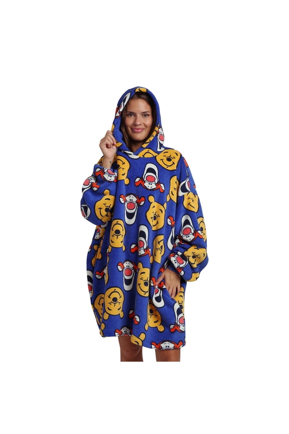 Winnie The Pooh Tigger & Pooh Faces Adult Blue Long Sleeve Sherpa-Lined Hooded Blanket