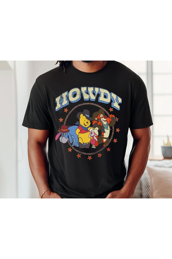 Winnie The Pooh Western Cowboy Group Shirt, Pooh Eeyore Tigger Piglet, Howdy T-shirt,Black Color,Size XL