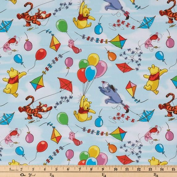 Winnie The Pooh Windy Day Balloons Kites Blue Calico Cotton Fabric