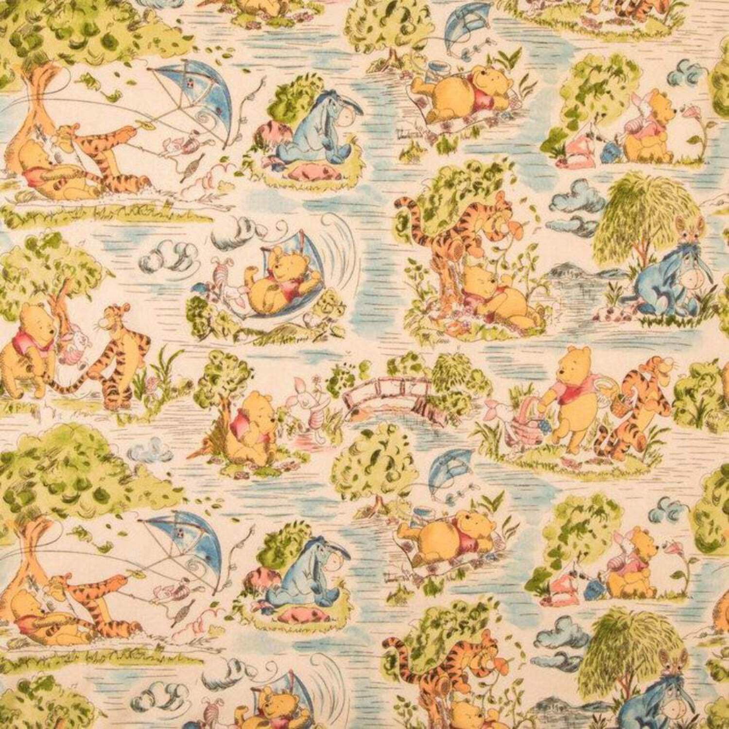 Winnie The Pooh Windy Day Toile Calico Cotton Fabric